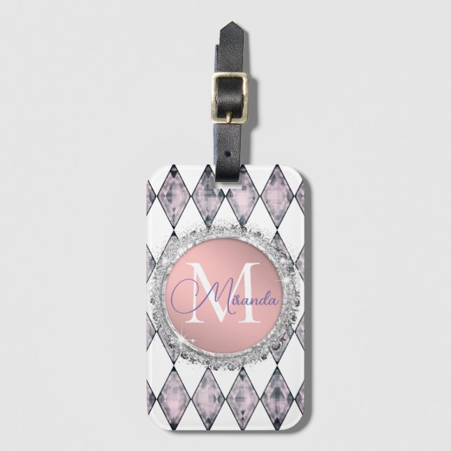 Rosa Rosa Harlequin Glitzer Monogram Personalisier Gepäckanhänger (Vorderseite Vertikal)