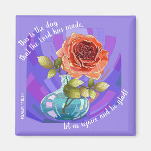 Rosa Rosa in Vase, w Vers von Psalm 118:24 Magnet