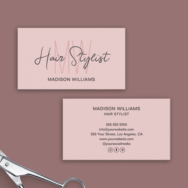 Rosa Rosa-Logo für die Haarstühle Visitenkarte (Hair Stylist Monogram Logo Blush Pink Business Card)