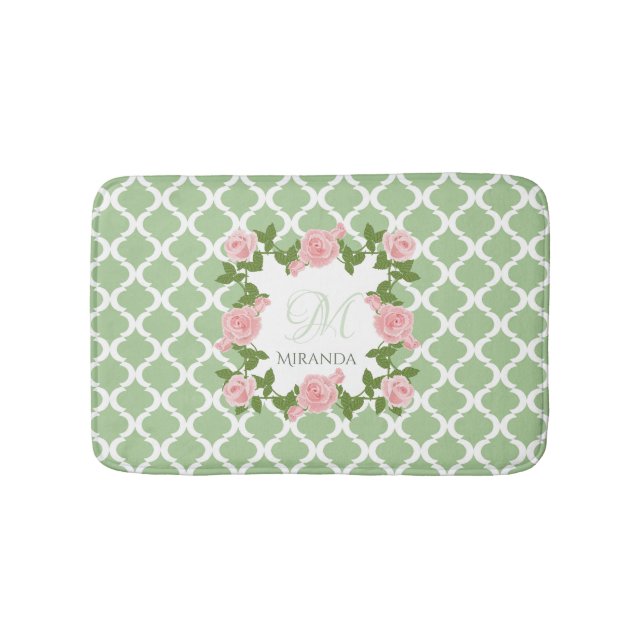 Rosa Rosa-Monogramm mit nilgrünem Quatrefolie, mit Badematte (Vorderseite)