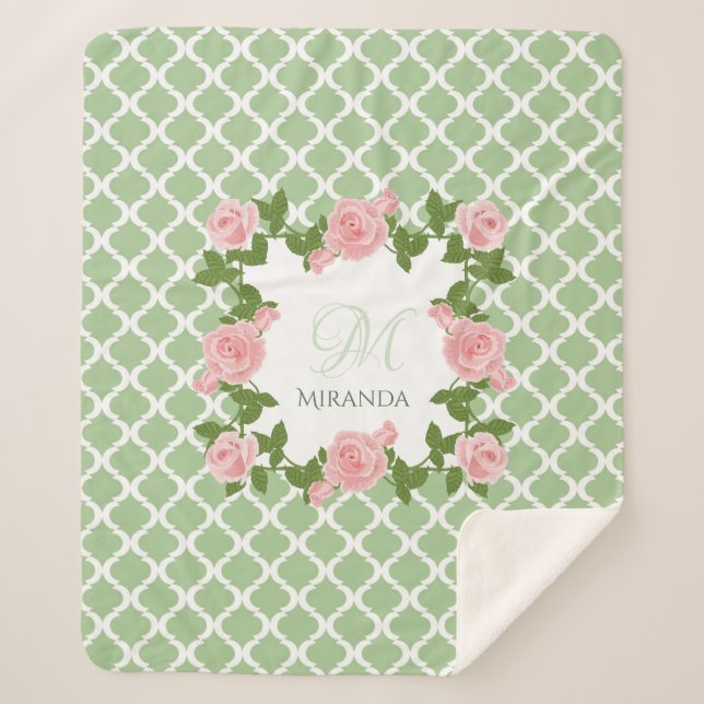Rosa Rosa-Monogramm mit nilgrünem Quatrefolie, mit Sherpadecke (Vorderseite)