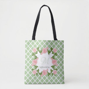 Rosa Rosa-Monogramm mit nilgrünem Quatrefolie, mit Tasche