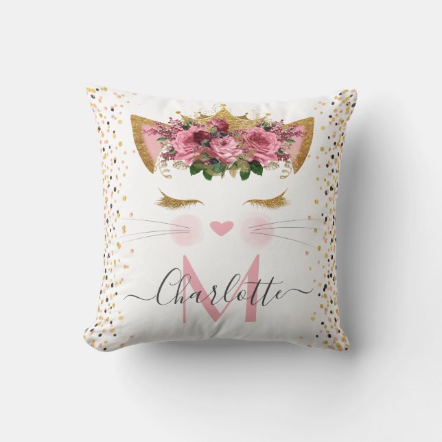 Rosa Rosa niedliche Katzenprinzessin Kissen (Vorderseite)