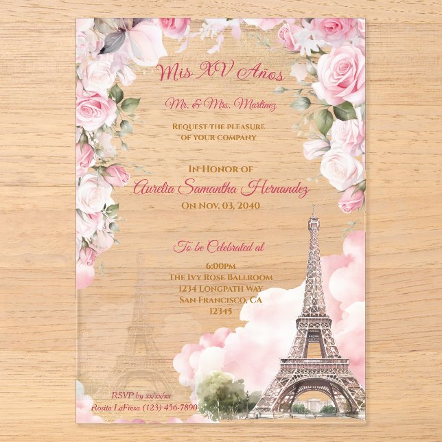Rosa Rosa Paris Quinceñera Akrolische Einladungen (Vorderseite)