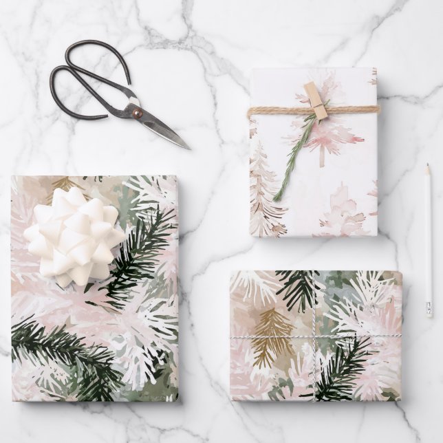 Rosa Rosa Pine Grüne Weihnachtsbaumen Geschenkpapier Set (Vorderseite)