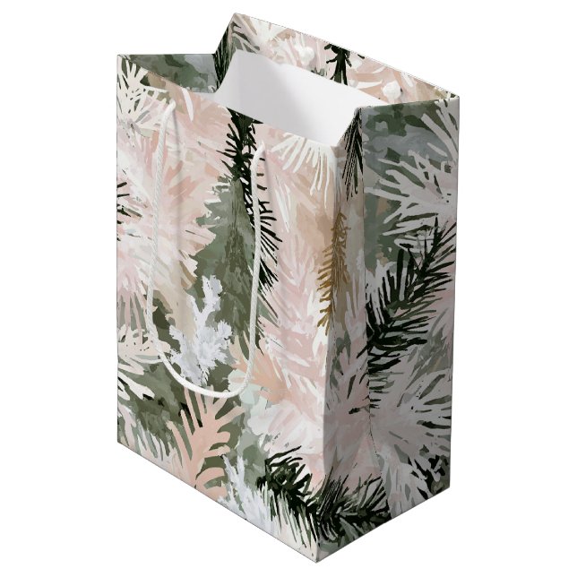 Rosa Rosa Pine Grüne Weihnachtsbaumen Mittlere Geschenktüte (Vorderseite Schrägansicht)