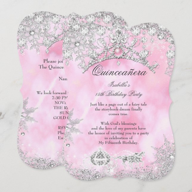 Rosa Rosa Quinceanera 15. Winter Wonderland Einladung (Vorne/Hinten)