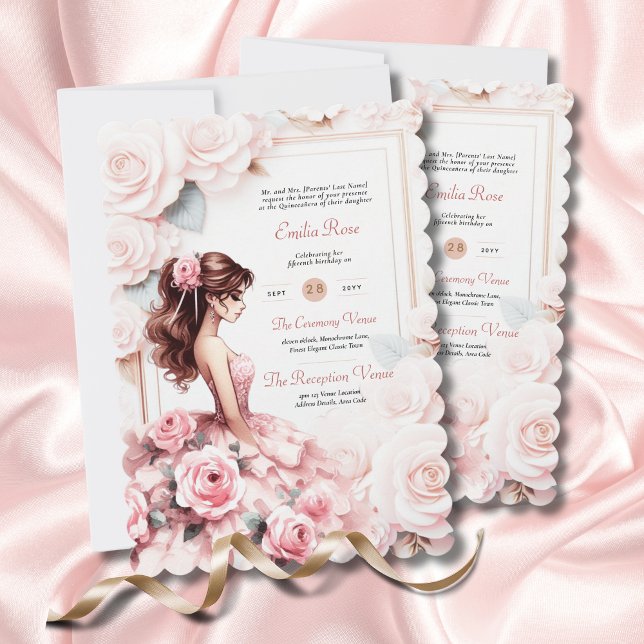 Rosa Rosa Quinceanera Zeremonie Empfang Einladung (Von Creator hochgeladen)