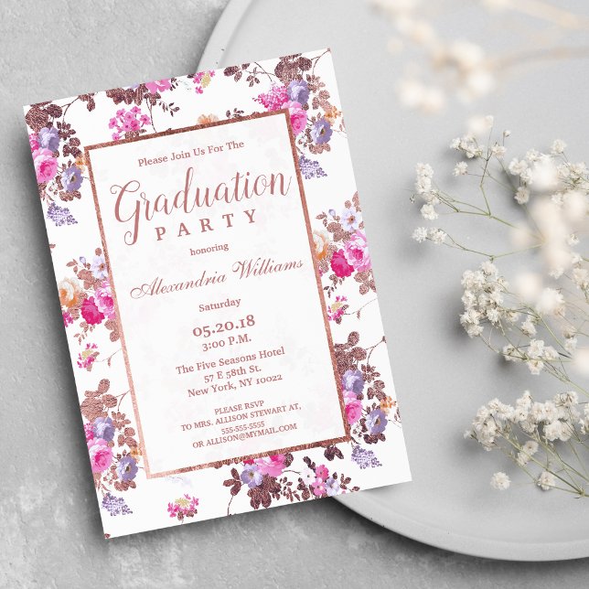 Rosa Rosa-Rosa-Abschluss Einladung (Country chic pink rose gold floral Graduation )