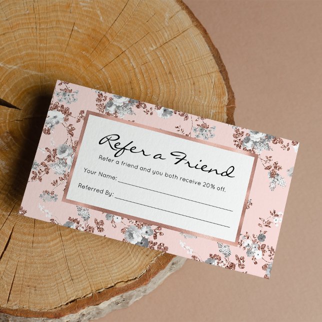 Rosa Rosa-Rosa-Glitzer Empfehlungskarte (Modern blush pink white rose gold glitter floral referral )