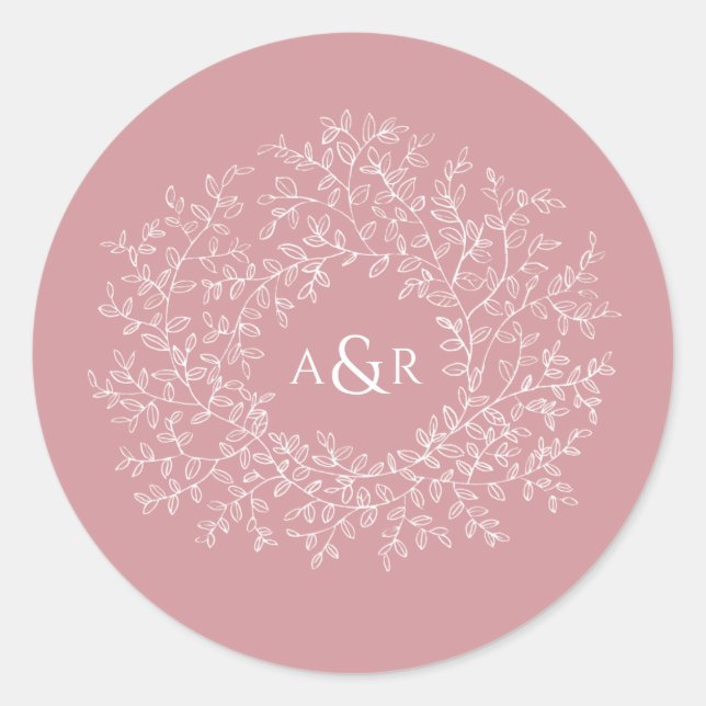 Rosa Rosa Rosa-Kreis der Blätter-Monogramm-Hochzei Runder Aufkleber (Vorderseite)