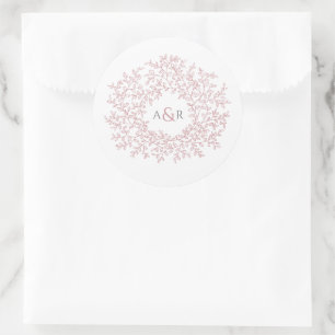 Rosa Rosa Rosa-Kreis der Blätter-Monogramm-Hochzei Runder Aufkleber