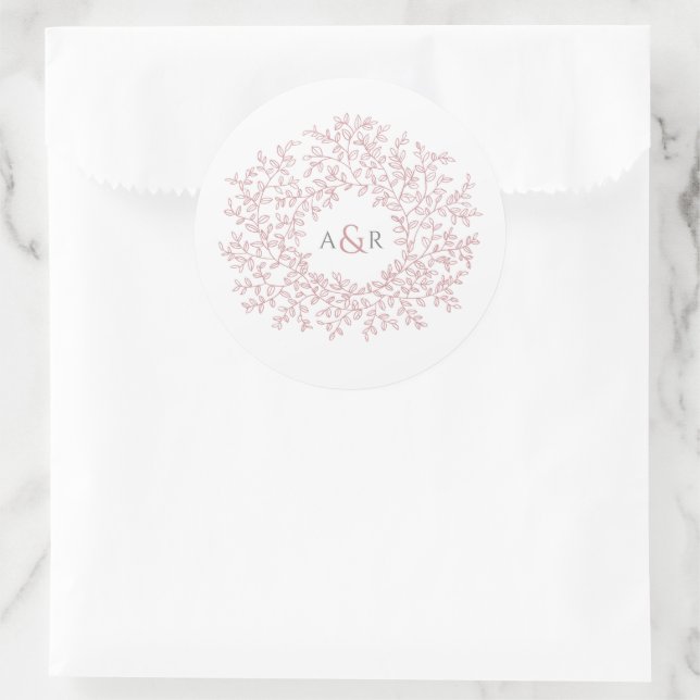 Rosa Rosa Rosa-Kreis der Blätter-Monogramm-Hochzei Runder Aufkleber (Tasche)