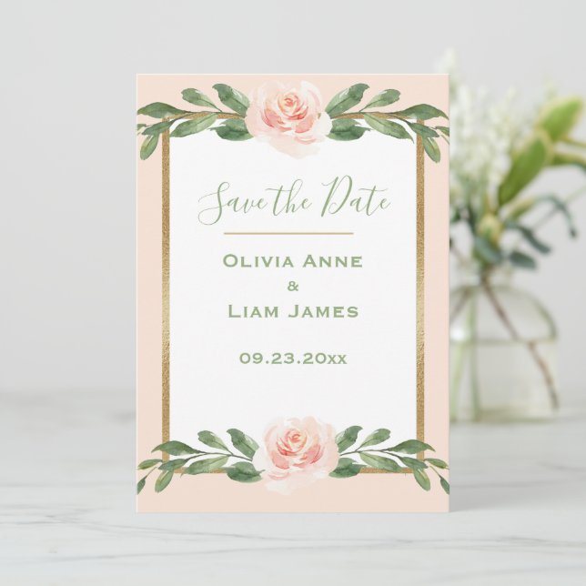 Rosa Rosa Rosa Romantische Bläserei Elegantes Grün Save The Date (Stehend Vorderseite)