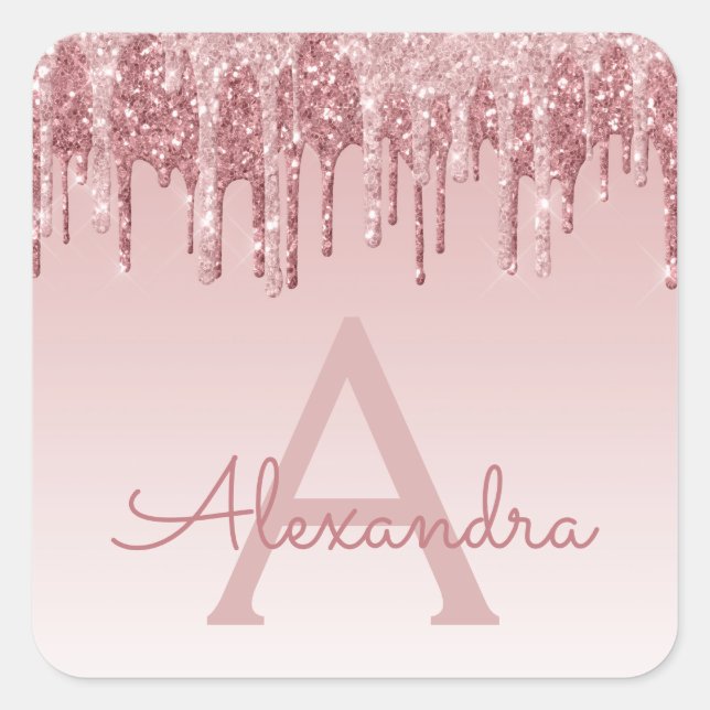 Rosa Rosa - Rose Gold Glitzer Sparkone Monogramm Quadratischer Aufkleber (Vorderseite)