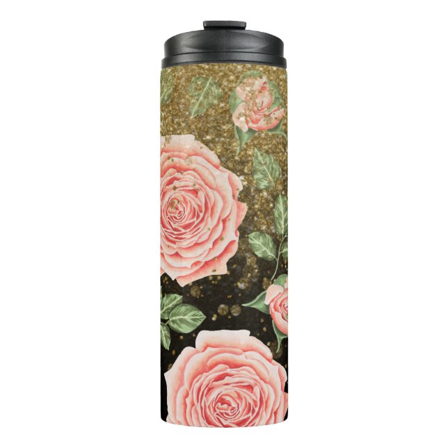 *~* Rosa Rosa ROSES Gold Glitzer Blütenblume Thermosbecher (Vorderseite)
