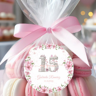 Rosa Rosa Silber Mis Quince Quinceañera Runder Aufkleber
