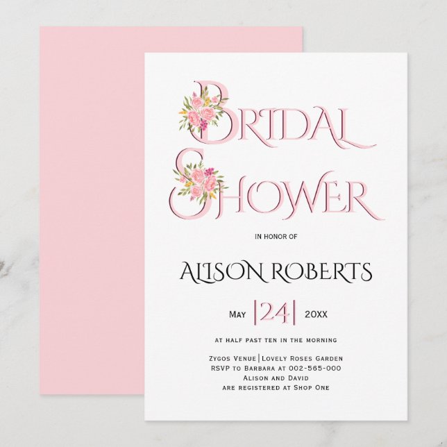 Rosa Rosa-Typografie, rosa Rosen Brautparty Einladung (Vorne/Hinten)