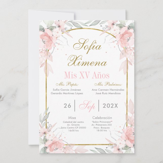 Rosa Rosa und Goldrand Quinceañera Einladung (Vorderseite)