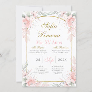 Rosa Rosa und Goldrand Quinceañera Einladung