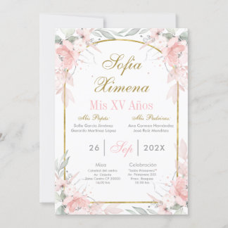 Rosa Rosa und Goldrand Quinceañera Einladung