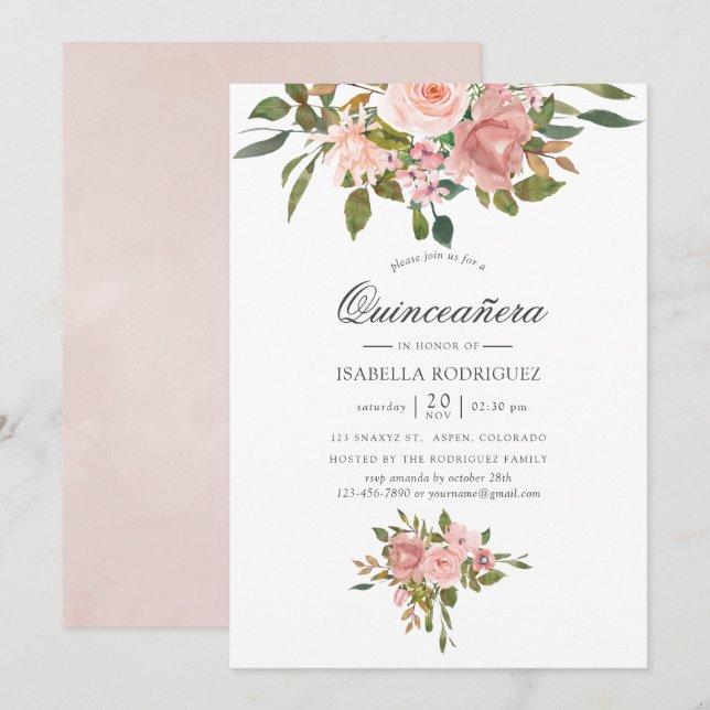 Rosa Rosa und Rose Gold Quinceñera Einladung (Vorne/Hinten)