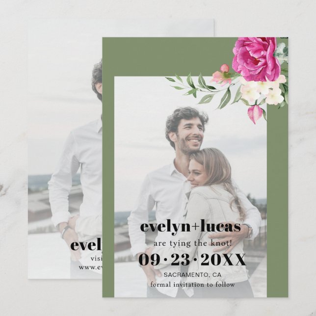 Rosa Rosa und weiße Blume Foto Hochzeit Save The Date (Vorne/Hinten)
