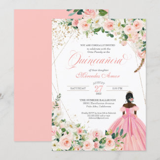 Rosa Rosa und Weiße Flora Afrolatina Quinceanera Einladung
