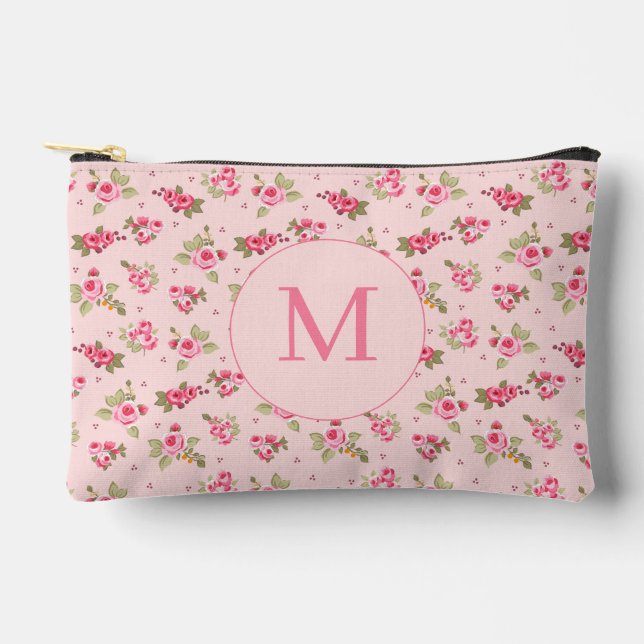 Rosa Rosa Vintage Blütenmonogramm Zubehörtasche (Vorderseite)