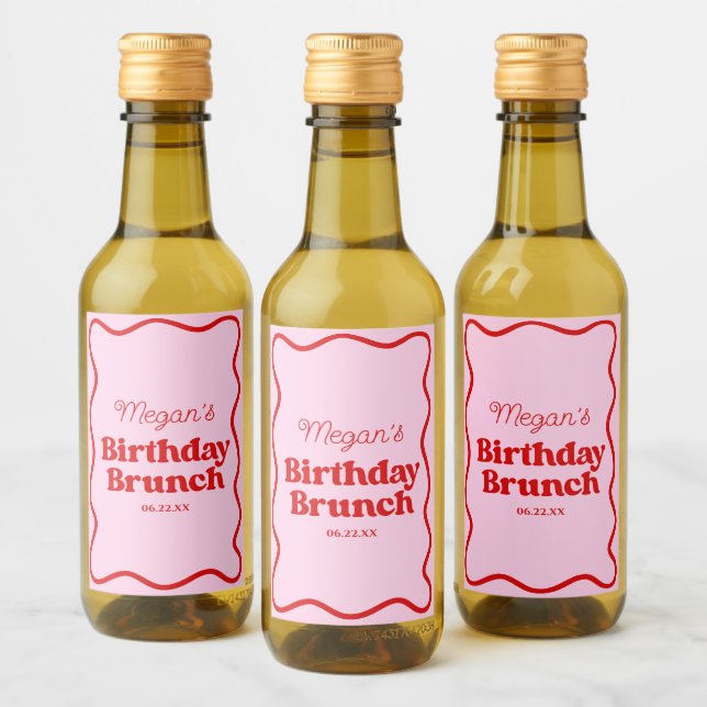 Rosa Rosa Wavy Border Birthday Brunch Party Mini Weinetikett (Flaschen)