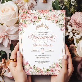 Rosa Rosa Weiße Blume Elegantes Quinceañera Einladung
