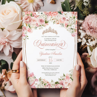 Rosa Rosa Weiße Blume Elegantes Quinceañera Einladung