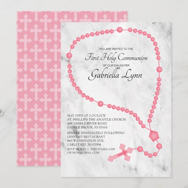 Rosa Rosary Beads Erste Heilige Kommune Einladung (Vorne/Hinten)