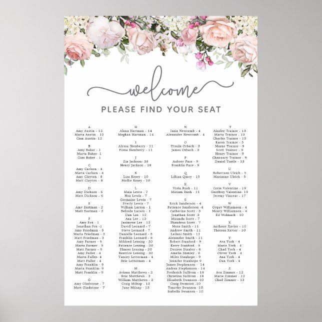 Rosa Rose Alphabetisches Sweet 16 Seating Chart Poster (Vorne)