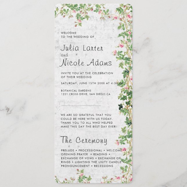 Rosa Rose Alte Wand Vintage Stilzeitschrift Hochze Programm (Vorderseite)