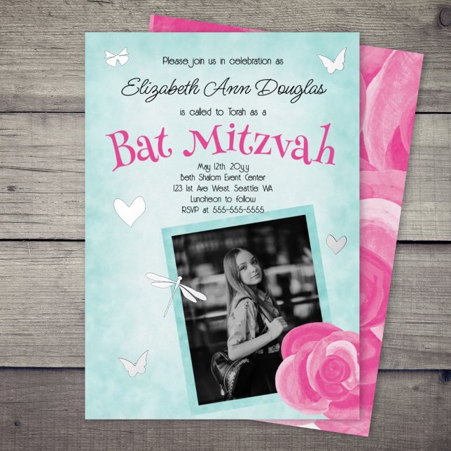 Rosa Rose, Aqua Blau, Silbercharmen Bat Mitzvah Folieneinladung (pink rose aqua blue cute bat mitzvah invitation pink text silver foil dragonflies girlie whimsical)