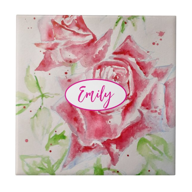 Rosa Rose Aquarell Blume Florenz Fliese (Vorderseite)