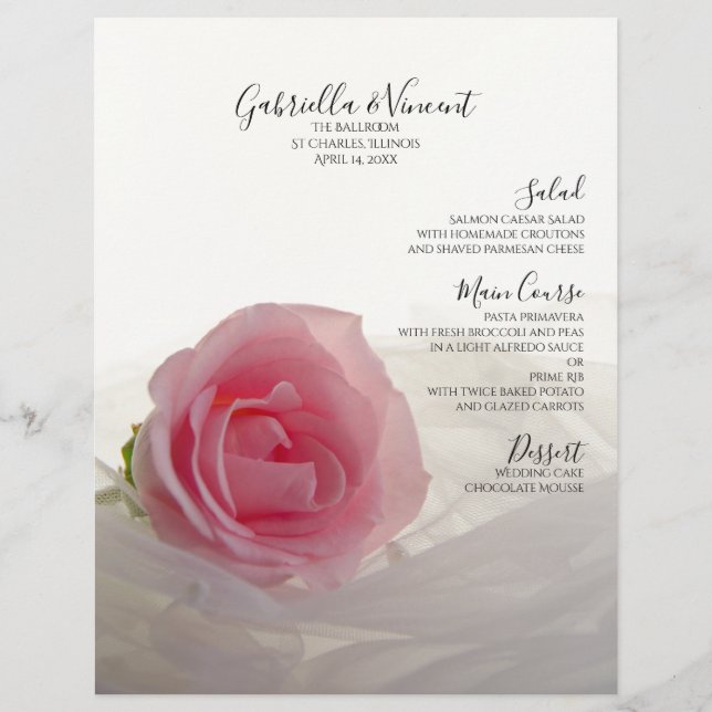 Rosa Rose auf der Speisekarte für weiße Hochzeiten (Vorderseite)