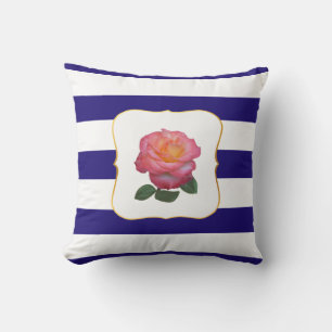 Rosa Rose auf navyblau und weiß gestreift Kissen