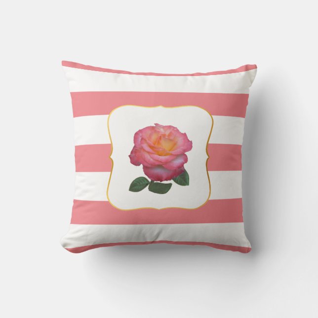 Rosa Rose auf Rosa und Weiß Streifen Kissen (Vorderseite)