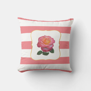 Rosa Rose auf rosa-weiß gestreiftem Hintergrund Kissen