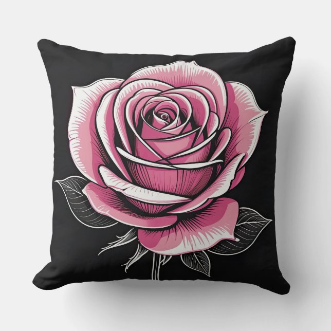 Rosa Rose auf schwarz Kissen (Vorderseite)