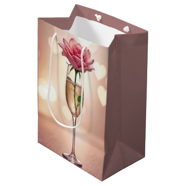 Rosa Rose aus Champagnerflöte zum Jubiläum Mittlere Geschenktüte (Vorderseite Schrägansicht)