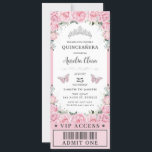 Rosa Rose aus Flora Quinceañera Sweet 16 VIP Ticke Einladung<br><div class="desc">Personalisieren Sie diese schicke Quinceañera / Sweet 16 VIP Ticket-Stil Einladung mit Ihrem Party Details einfach und schnell, einfach drücken Sie die Schaltfläche Anpassen, um den Stil und die Platzierung des Textes weiter zu ordnen und zu formatieren. Mit schönen rosa Rosen, einer silbernen Prinzessenkrone und Schmetterlingen. Alle Texte sind editierbar!...</div>
