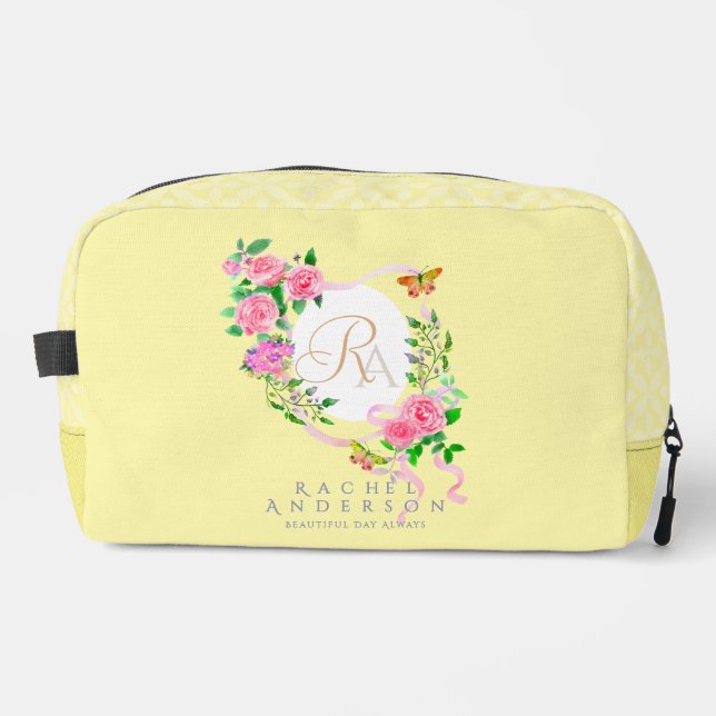 Rosa Rose Band Monogram Creme Druckknopfbeutel Waschbeutel (Vorderseite)