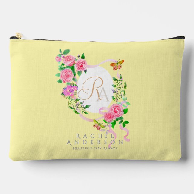 Rosa Rose Band Monogram Creme Druckknopfbeutel Zubehörtasche (Vorderseite)