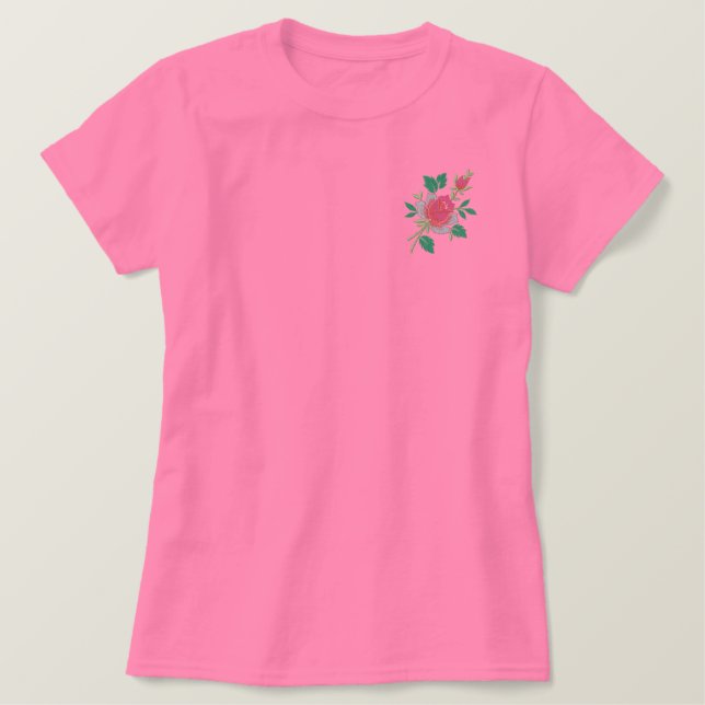 Rosa Rose Besticktes T-Shirt (Design vorne)