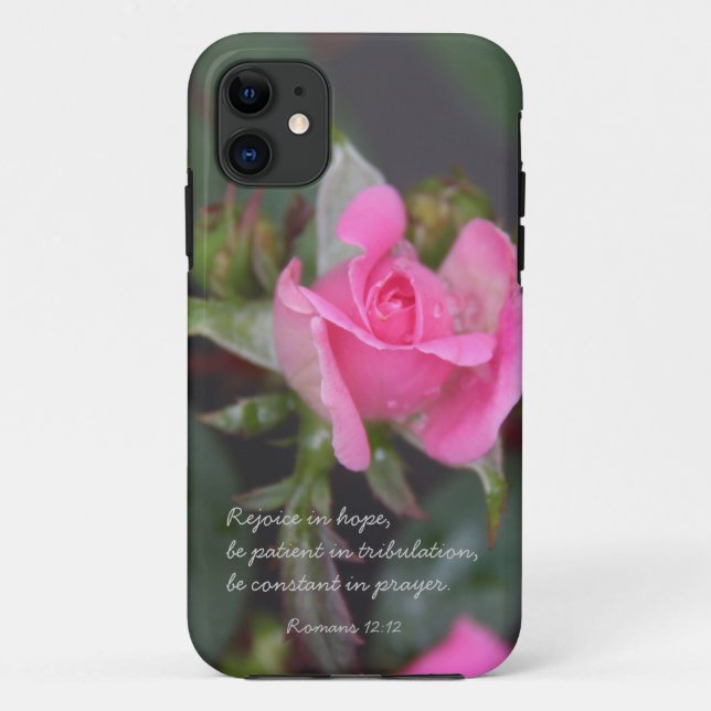 Rosa Rose, Bibel-Vers über Hoffnung, Römer-12:12 Case-Mate iPhone Hülle (Rückseite)
