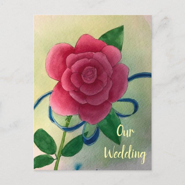 Rosa Rose Blue Ribbon Hochzeit Einladung Postkarte (Vorderseite)