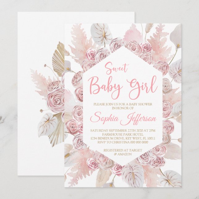Rosa Rose Blume Blush Kinderdusche Einladung (Vorne/Hinten)